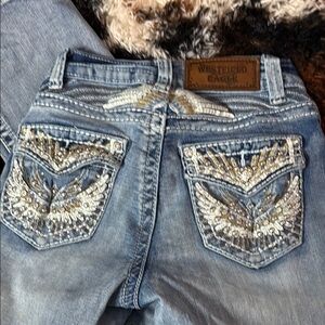 Blue Boot Cut Jeans with Rhinestone Embellishments